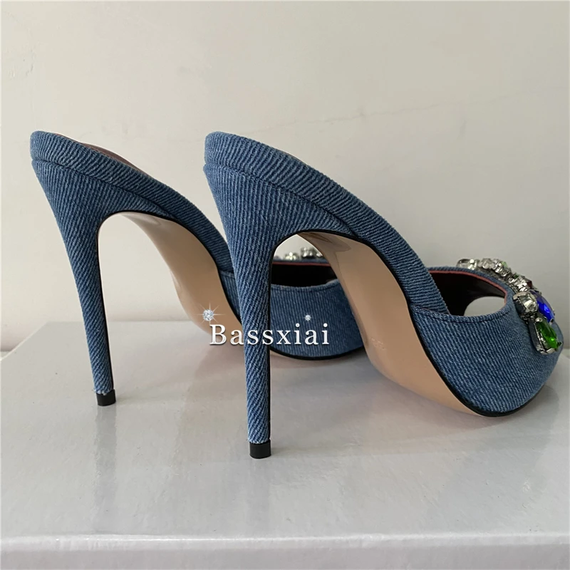 Luxury Diamond Rhinestone Buckle Sandals Women 10cm Stiletto Heel Denim Blue Slingbacks Summer Mules