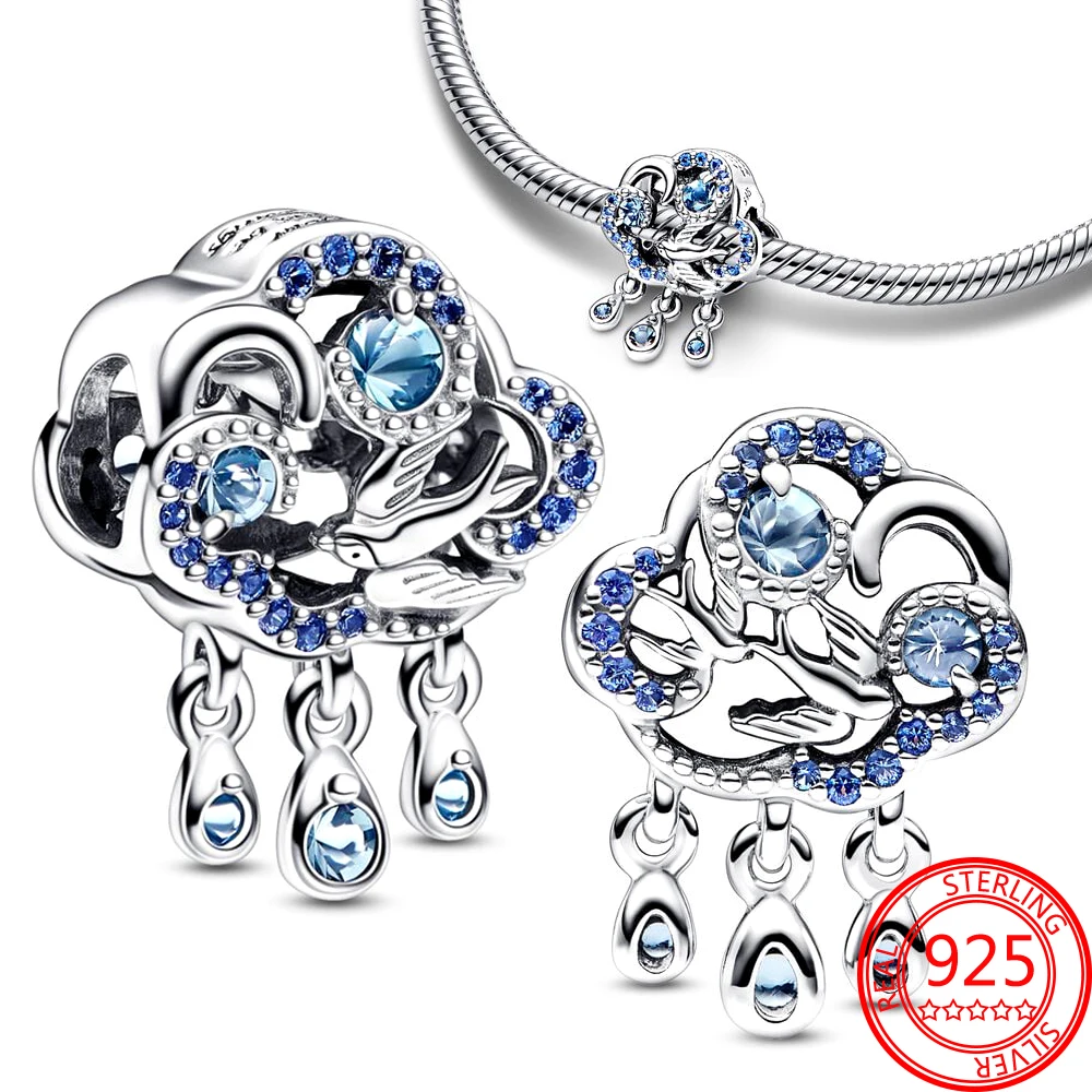 Abalorio de pluma curvada azul diferente, compatible con pulsera Pandora, collar Original de Plata de Ley 925, cuentas, regalo de joyería para mujer