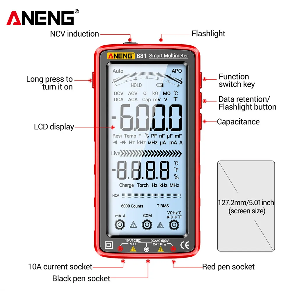 ANENG 681 Rechargable Digital Professional Multimeter Non-contact Voltage Tester AC/DC Voltage Meter LCD Screen Current Tester Digital Multimeter Multimeter Tester Voltage Meter Tester Voltage Detector Tester