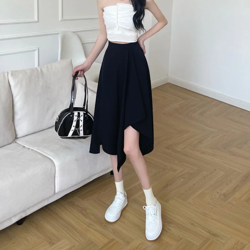 Black Irregular Skirt Women Spring Summer High Waist Thin Mid-length Umbrella Skirts Plus Size Bottoms Vintage Y2k Clothes