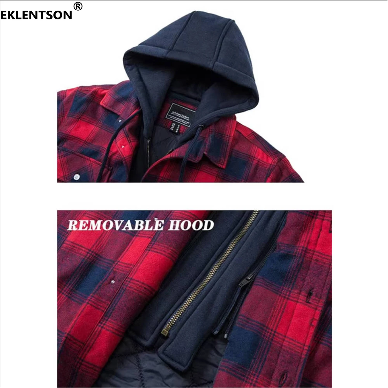 EKLENTSON Winter Mens Heavyweight Jacket Flannel Plaid Casual Jacket Detachable Hood Quilted Lined Shirts Coats Hiking Jackets 4