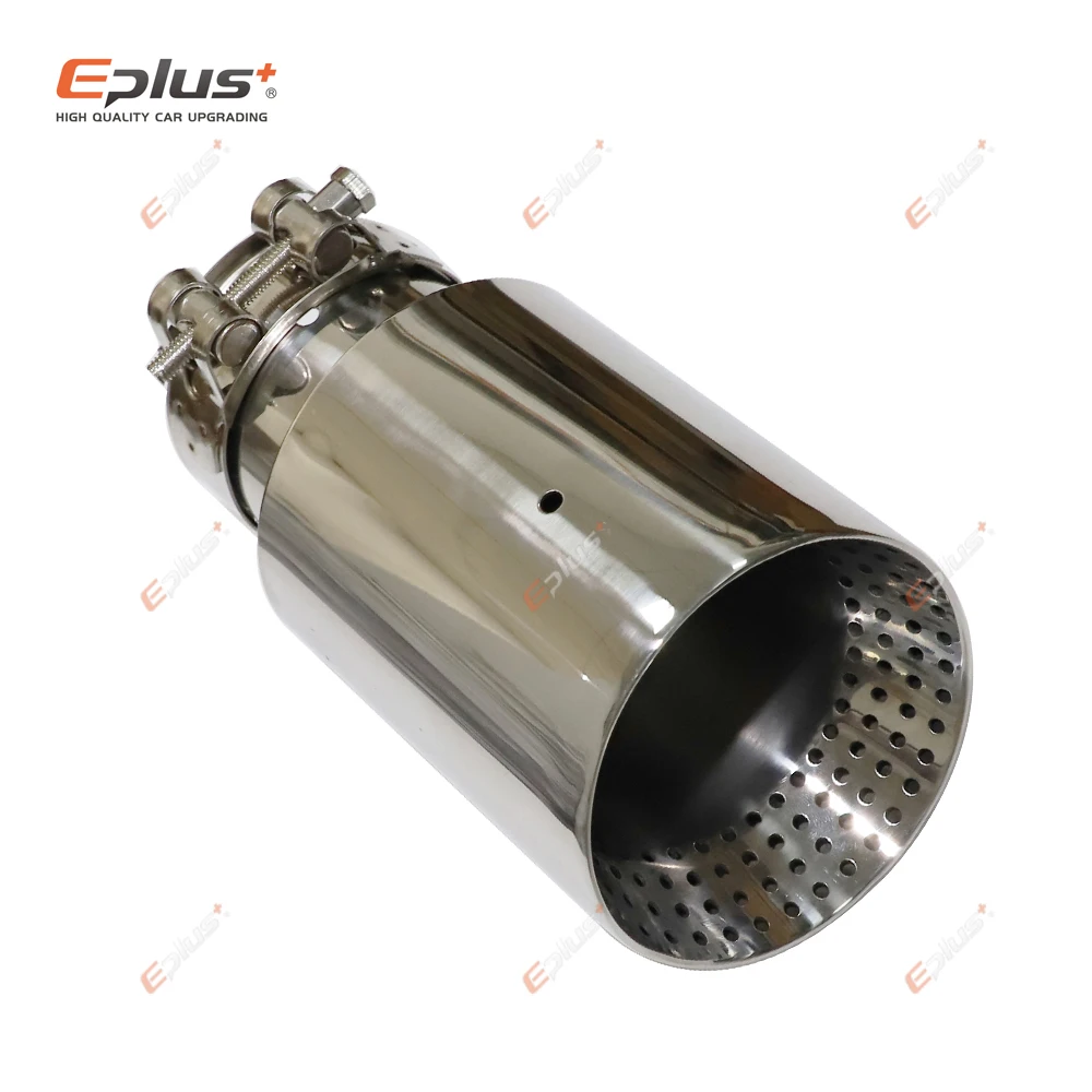 Eplus Car Stainless Steel Silver Muffler Tip Universal Exhaust Pipe Mufflers bilayer Punching holes Nozzle Decoration Bevel End exhaust muffler tip exhaust pipe muffler exhaust trim pipe