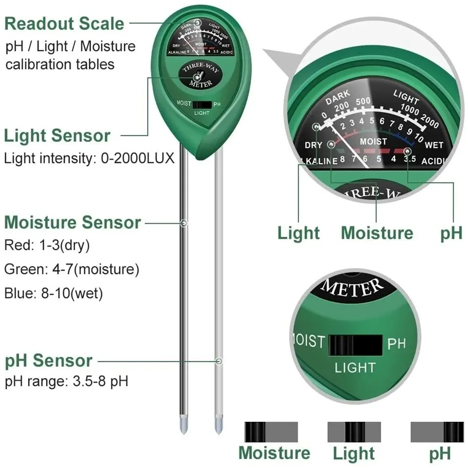 3 In1 Soil Water Moisture PH Meter Garden Plant Acidity Humidity Sunlight Light PH Test Flowers Moist Detector Tester Instrument soil moisture and ph meter