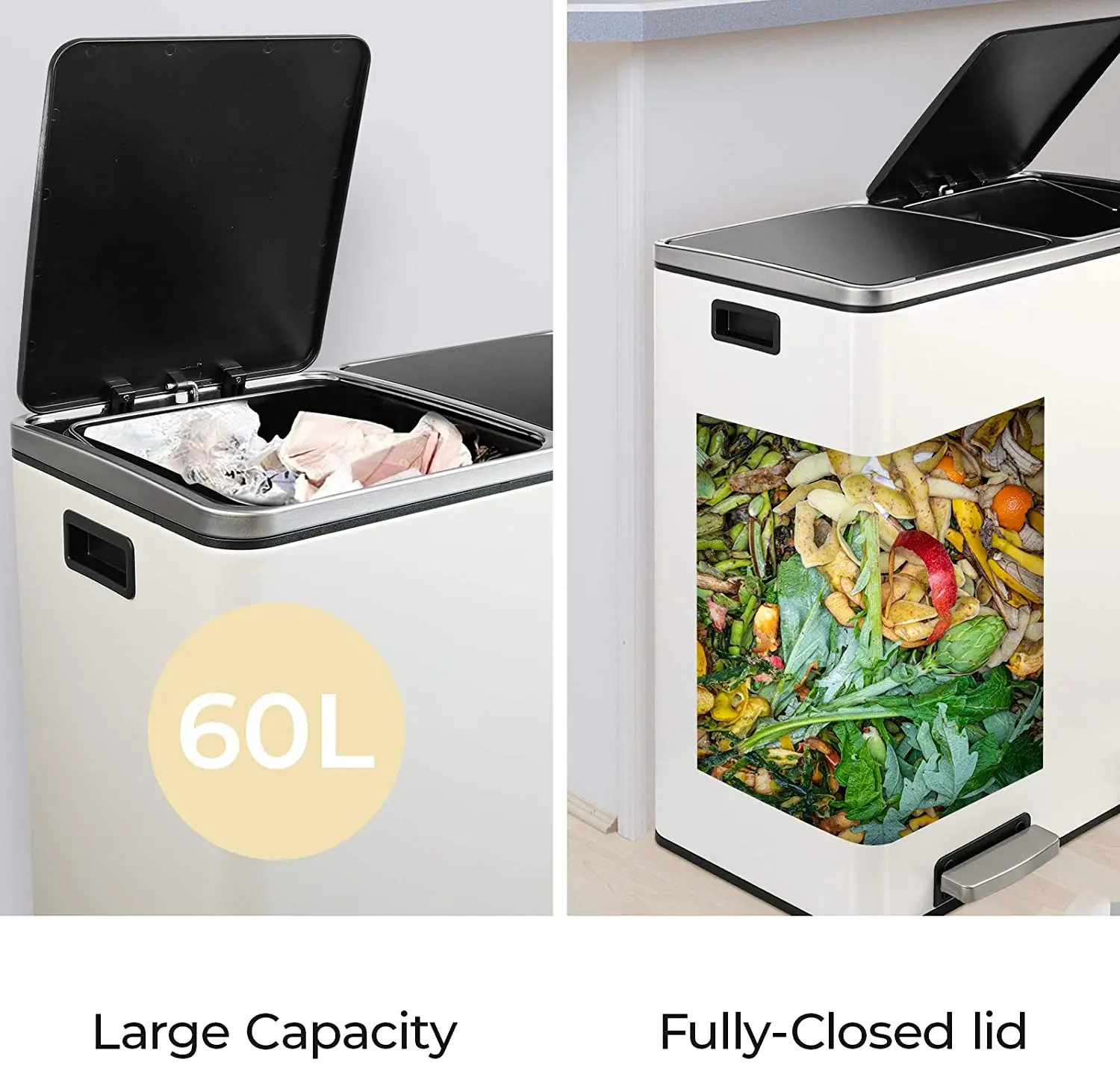 Brushed Stainless Steel 60L/16Gallon Rectangular Hands-Free Dual Compartment Recycling Kitchen Step Trash Can w/ Soft-Close Lid