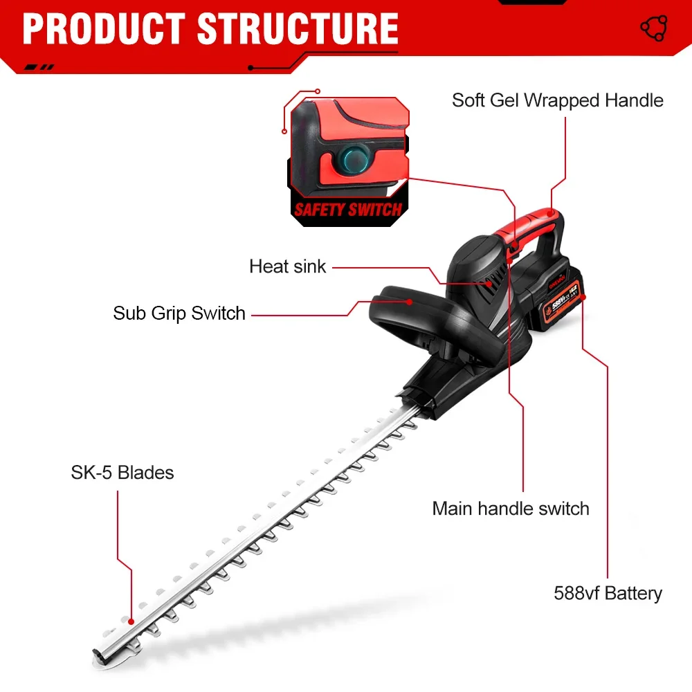 ONEVAN 2000W Brushless Cordless Hedge Trimmer Garden Trimmer Pruning Saw Lawn Mower Garden Pruning Tool For makita 18v battery 3