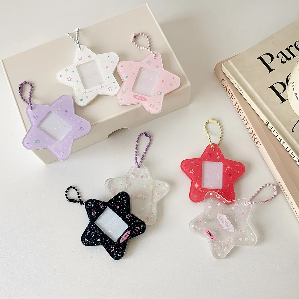 Mini 1-Inch Glitter Star Card Holder with Keychain INS Acrylic Photocard Holder ID Card Cover Case Student Kpop Idol Photo Bag