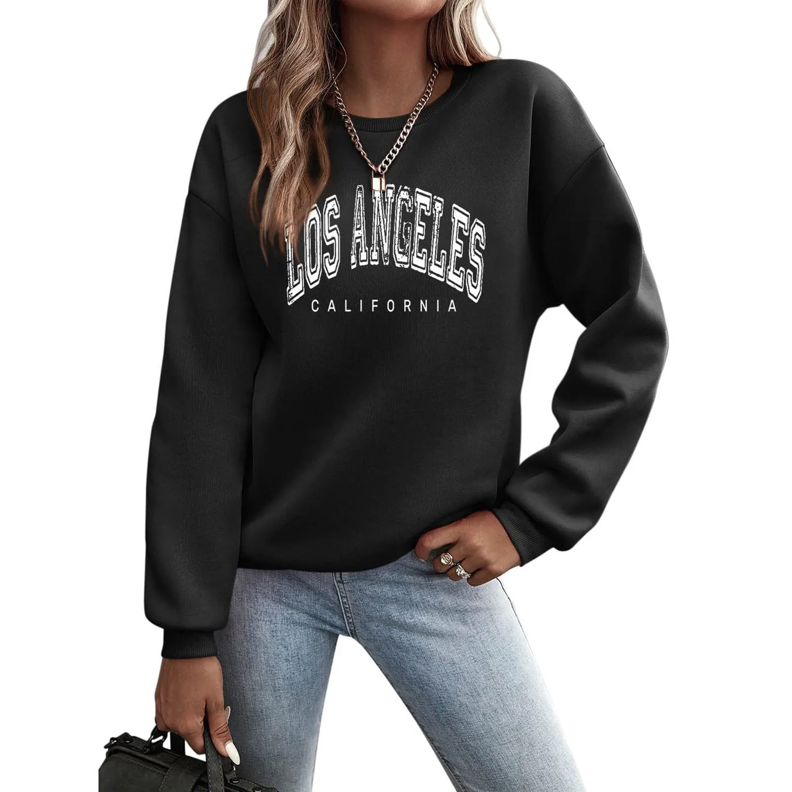 Women's Pullover Sweatshirt Losangeles Letter Printed Long Sleeved Crew Collar Pullover Fall/Winter Sports Casual Knit T Shirt