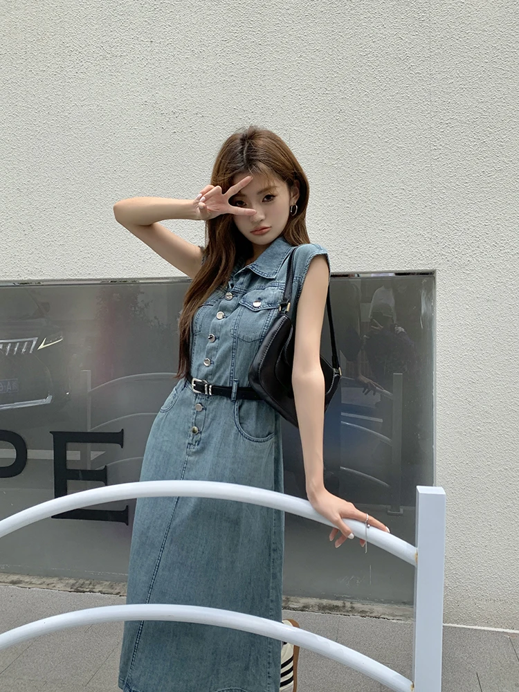 thumbnail image 2 of Sexyshine Women's Button Down Denim Dress Summer Casual Sleeveless Lapel Collar Midi Tunic Jean Dress With Pockets(27692BE,S) Blue At Women's Clothing Store 2 of 14
