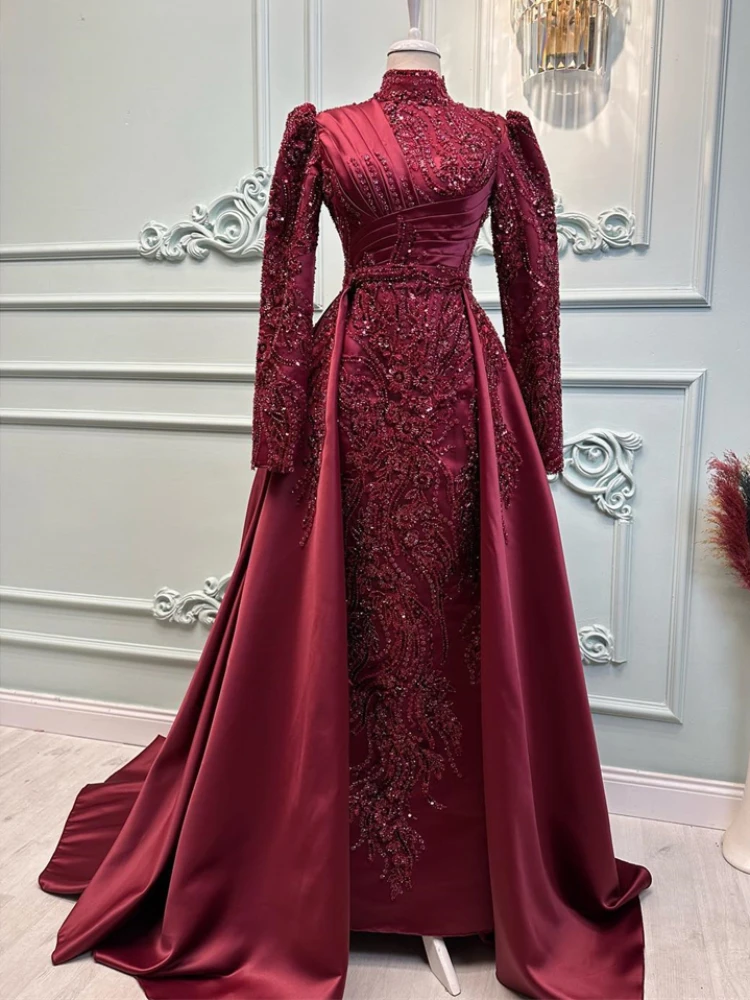 

Beaded Long Sleeve Muslim Evening Dresses Modest High Neck A-Line Wedding Party Dress Luxury Arabic Clebrity Prom Gowns