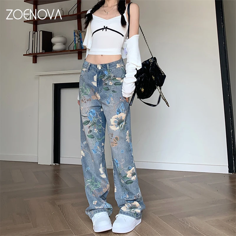 

ZOENOVA Quality Printed High Waist Women's Jeans 2024 Summer Fashion Cool Girls Y2K Casual Loose Straight Denim Wide Leg Pants