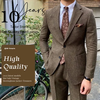 2025 Nuovo abito da uomo monopetto in 2 pezzi retrò a spina di pesce stile spesso per l'autunno e l'inverno abito da banchetto formale elegante caldo 1