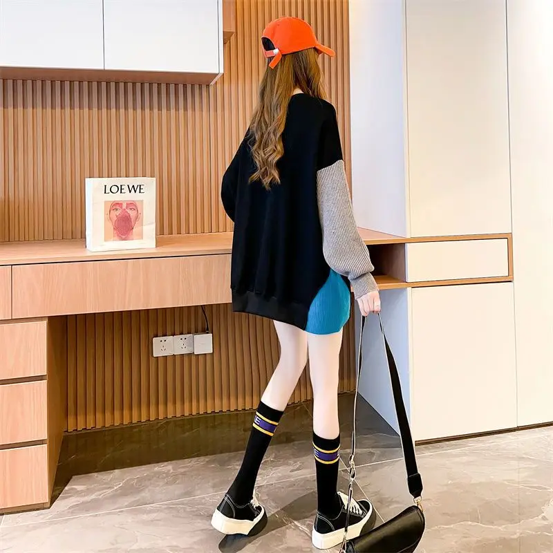 Contrast Color Stitching Design Sense Niche Sweat Women's Spring New Western Style Age-reducing Salt Large Size Top