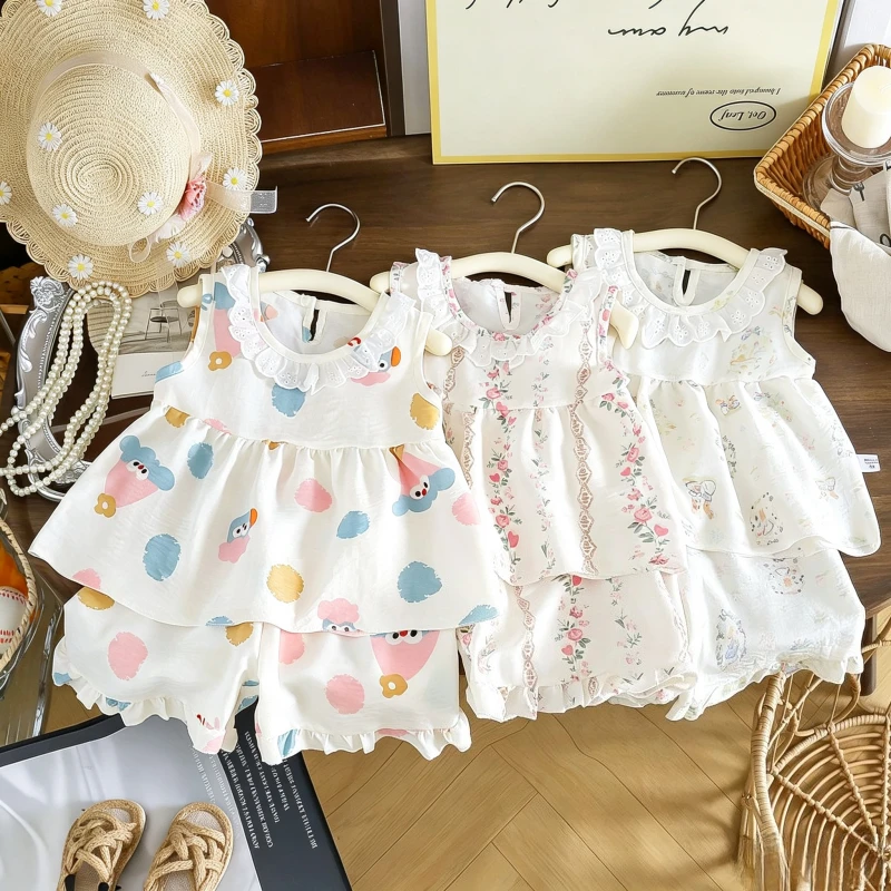 2-teiliges Set Ärmelloses Prinzessinnen-Oberteil + Hose mit Blumenmuster, Sommer-Dünnes Outfit für Babymädchen, Niedlicher Blumenrock für Kinder