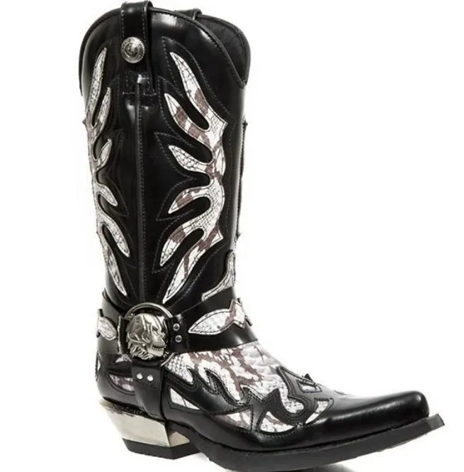

Retro Black Pointed Toe Thick Heel Knee-High Boots Colorblock Slip-On Rider Botines Side Zipper Men Botas Femininas Shoes