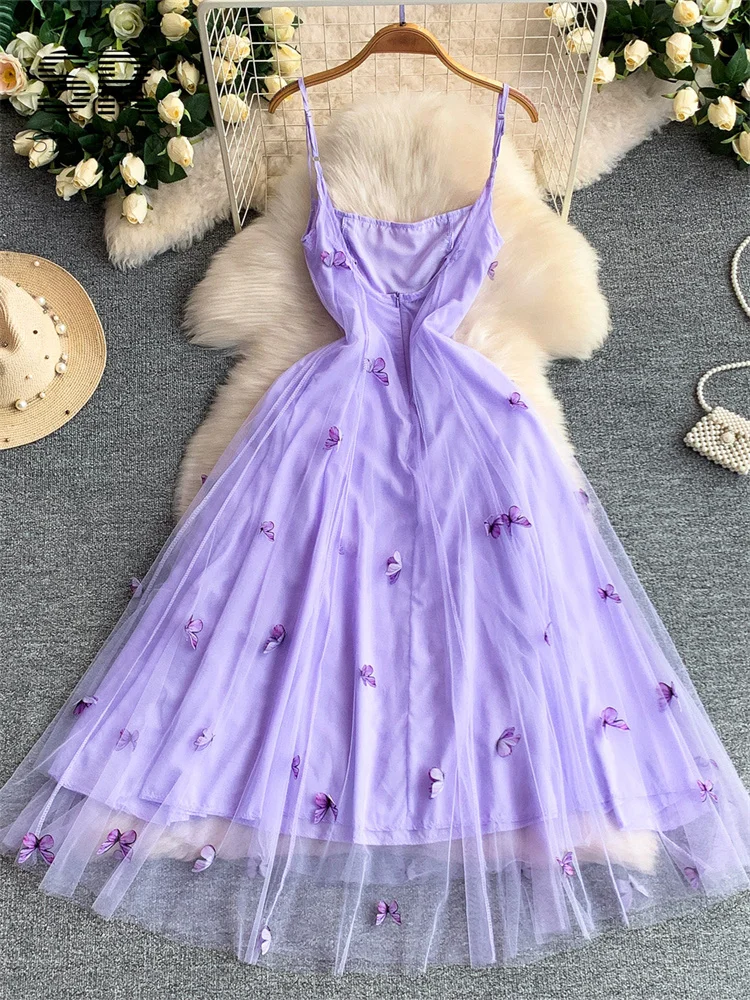 SINGREINY 3D Butterfly Mesh Dress Fairycore Sleeveless Backless Sling High Quality Summer Female French Romantic A-line Dresses 2