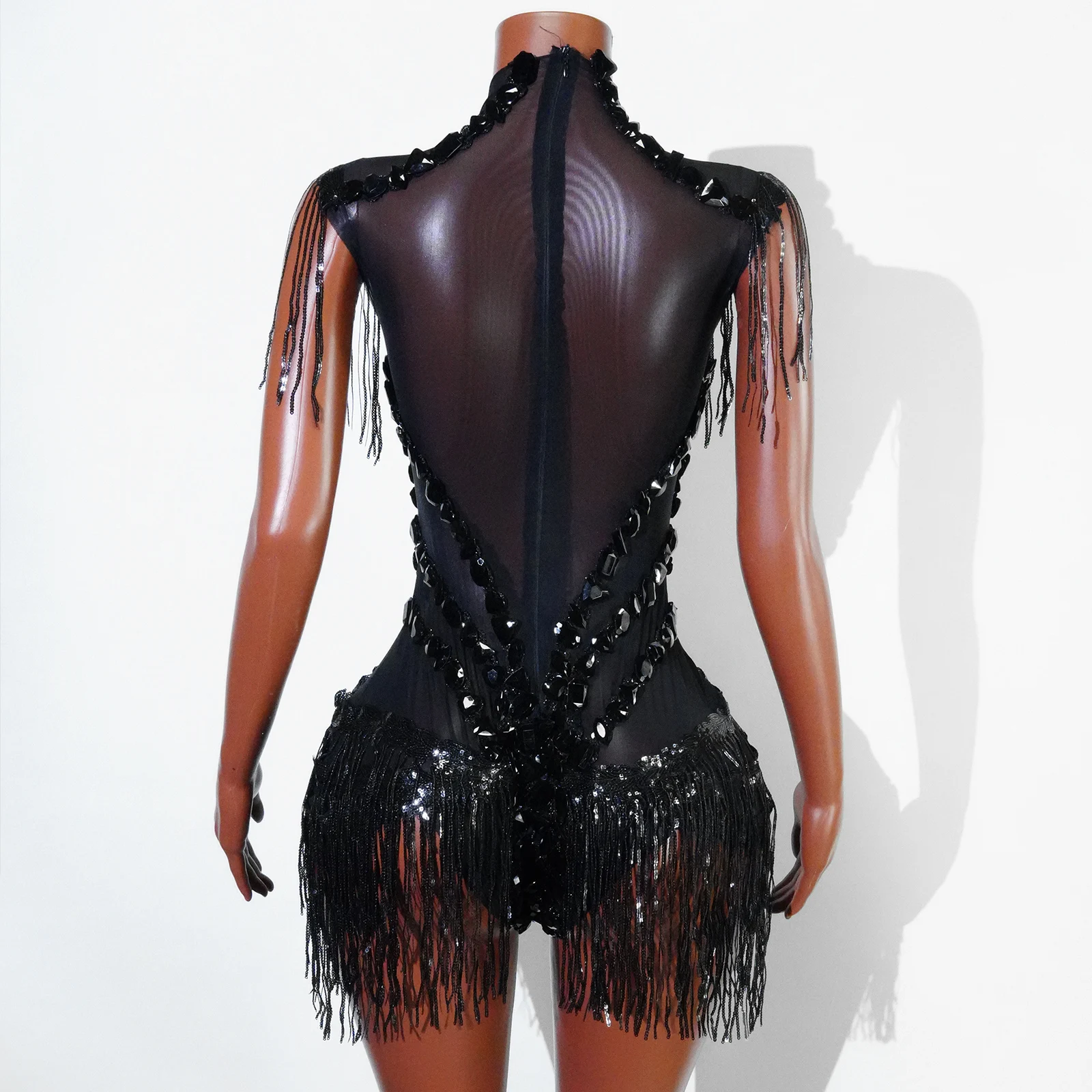 Sexy Mesh Sheer Black Rhinestone Bodysuit for Singer Dancer Show Stage Outfit Celebrate Party Night Club Performance Waer