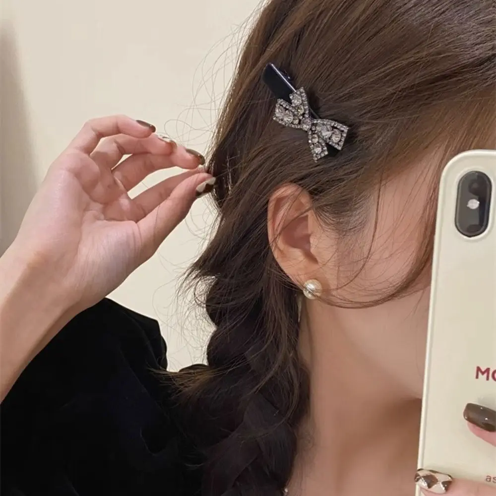 

Flower Rhinestone Hair Clip Trendy Korean Style Black Pearl Barrettes Hair Accessories Headdress Crystal Bow Hairpin Streetwear