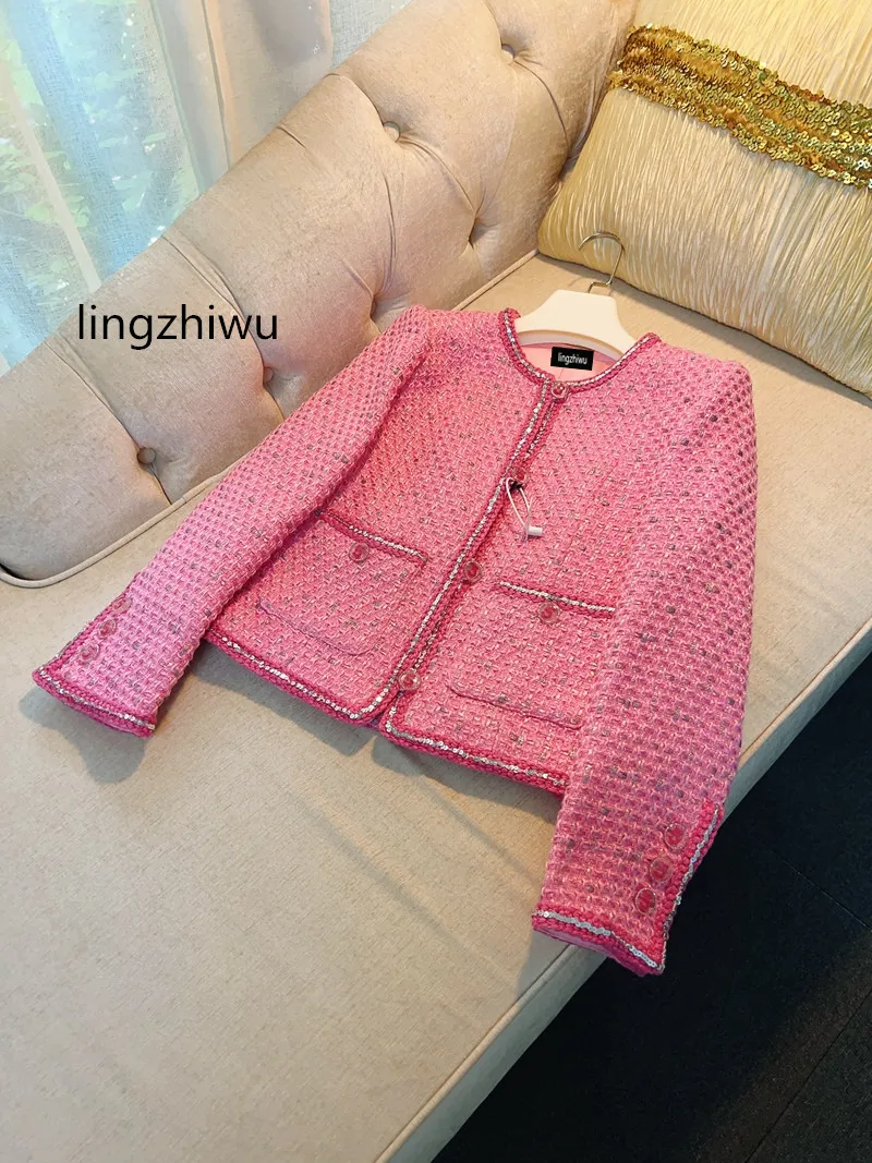 

lingzhiwu Tweed Coat Pink French Sweet Elegant Candy Pink Ladie Outerwear Autumn Female 2024 New Arrive