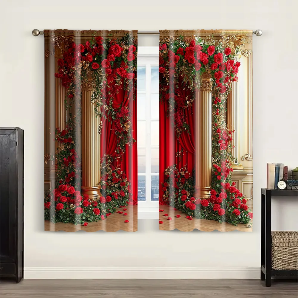2pc,  Valentine's Day Window Curtains Luxury Vintage Rose Arch Durable Polyester,Without Electricity Birthday Party for 6