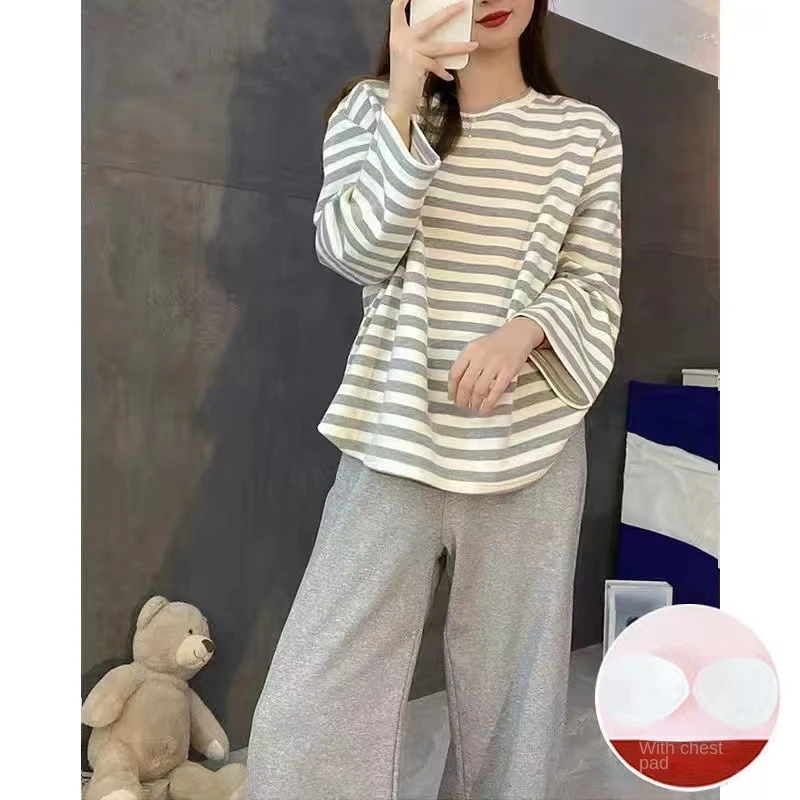 Women's Pajamas Set with Chest Pad Stripe autumn Leisure Elastic Waist Girls Sleepwear long Sleeve Soft Pijama Homewear Cloth