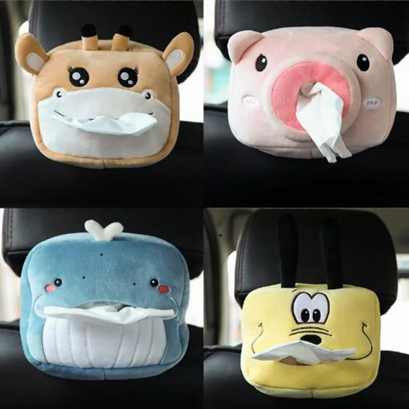 Cute Cartoon Car Tissue Box Plush Napkin Holder Universal Auto Home Room Paper Case Animal Decoration Bracket travel organizer