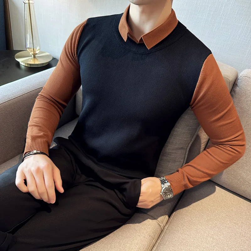 Knitwear Sweater Korean Luxury Clothing Winter Contrasting Color Turn Down Collar Sweaters For Men Slim Fit Casual Pull Homme
