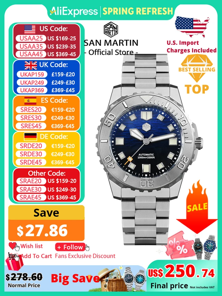 San Martin 44mm Orologio da sub da uomo Vintage MM300 quadrante dorato Sport NH35 Meccanico automatico Zaffiro Impermeabile 300M C3 Lume SN0087