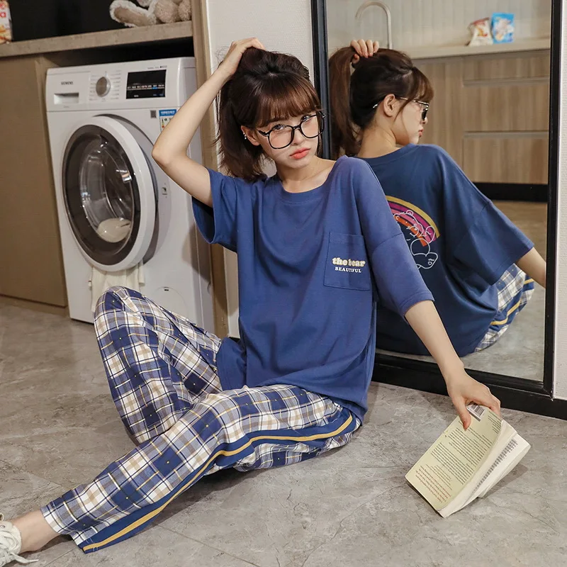 Summer 2022 New women's Korean Fashion Round Neck Pajamas Suit Plaid Trousers short sleeves Ladies Pijamas Loose Soft Homewear
