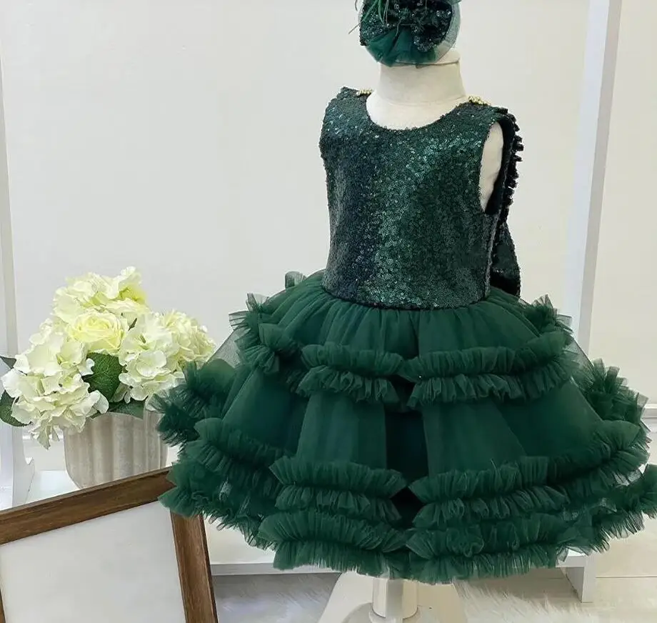 

Emerald Green Glitter Baby Girl Dress Pearls Detail Tutu Gown Toddler Flower Girl Dress with Ruffles 12M 18M 24M