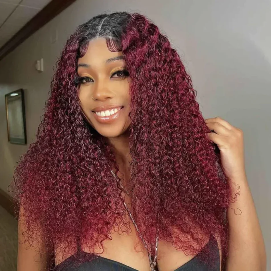 

UNice Hair Open Cap V Part Wig 99J Burgundy Curly Wig With Dark Roots NO Leave Out Glueless Human Hair Wigs