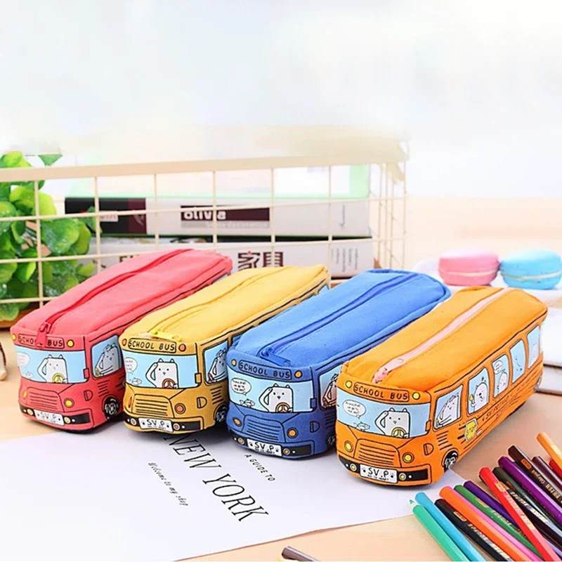 Cartoon Bus Pencil Bag Canvas Large Capacity Car Zipper Pen Pencilcase for Student Stationery School Supplies