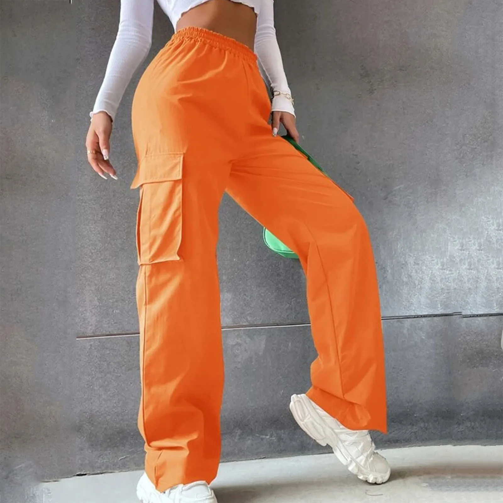 

Mid Waist Elastic Waist Loose Cargo Pants Streetwear High Quality Trousers Women Pockets Casual Pants Fashion Solid Overalls