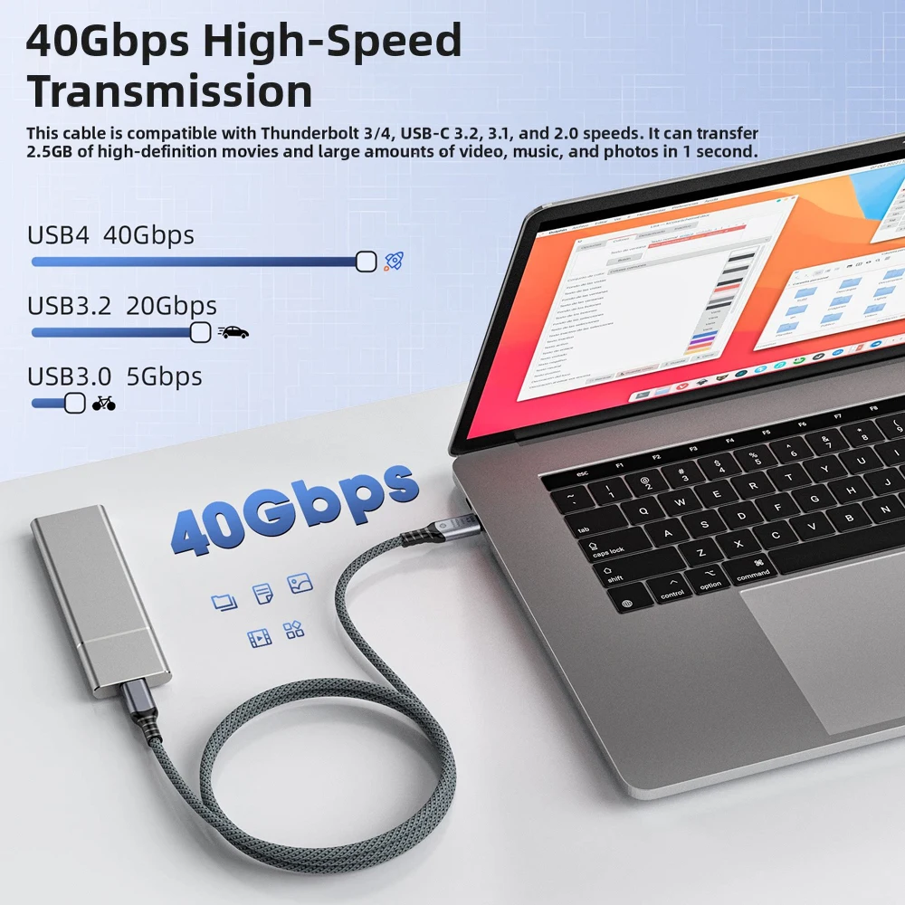 240W E-Marker 칩 USB4 데이터 케이블 40Gbps 8K 60Hz 타입 C 썬더볼트 4 3 고속 충전 케이블 (아이폰 15 16 17 노트북 맥북용)