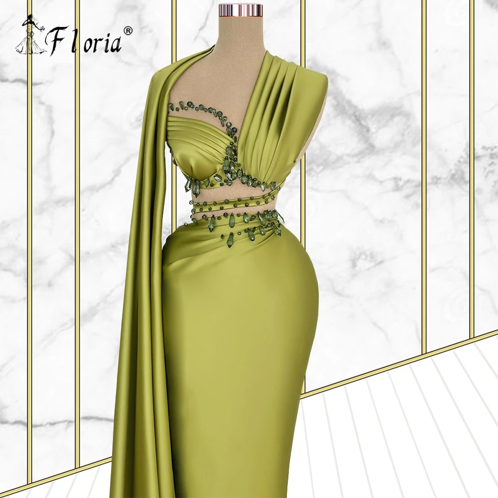 Elegant Satin Prom Maxi Dresses with Wrap Olive Green Crystal Diamonds