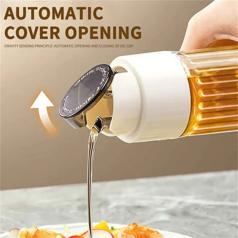 Oil Dispenser Spice Jar Seasoning Bottle 500ML Glass Oil Vinegar Bottle Automatic Opening Closing Leak Gravity Dispenser for Kitchen
