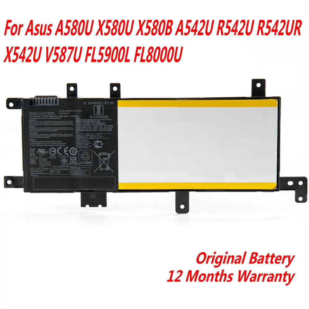 

NEW 7.6V 38WH C21N1634 Laptop Battery For Asus A580U X580U X580B A542U R542U R542UR X542U V587U FL5900L FL8000U