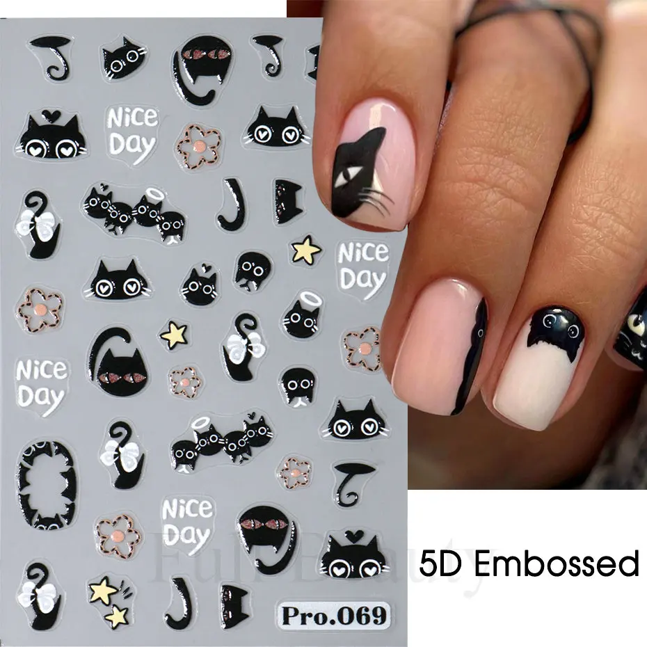 Nail Stickers Cute Black Cat Decals 3D Cat Flowers Nail Art Decoration Cute Cartoon Sliders Summer Manicure
