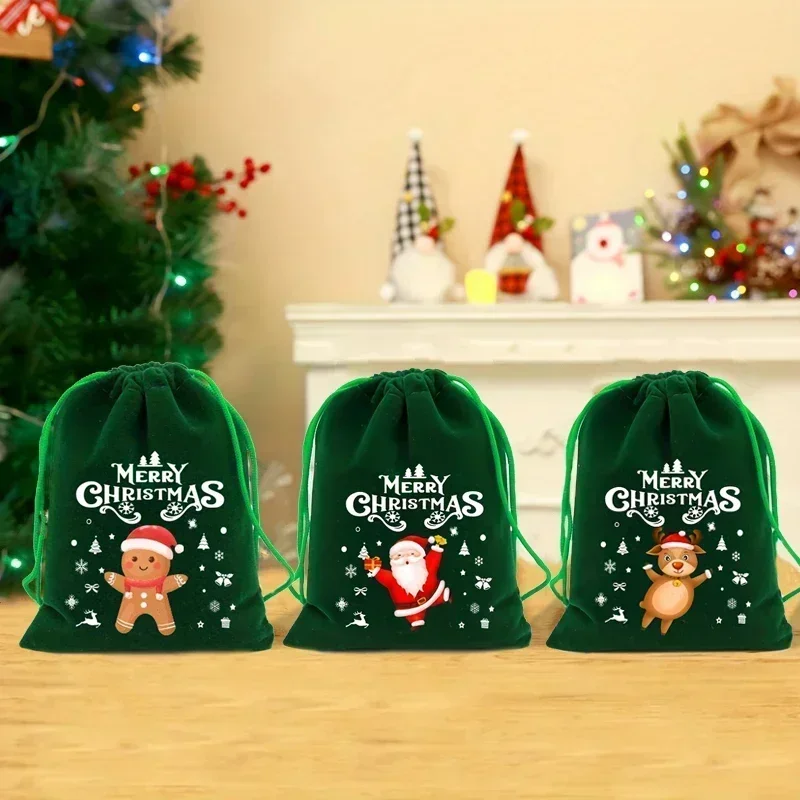 10Pcs Green Storage Fleece Green Drawstring Bags Candy Gift Bags Jewelry Packaging New Year Party Favors