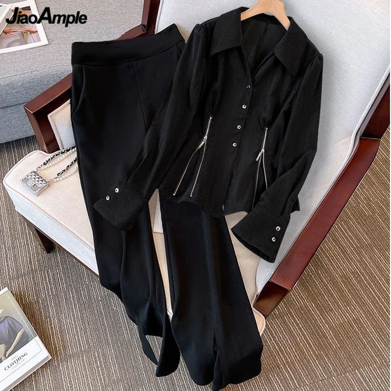 2023 Autumn New Women Clothing Fashion Slim Zipper Shirts Flare Pants 1 or 2 Piece Set Lady Casual Polo Collar Top Trousers Suit men s polo shirts