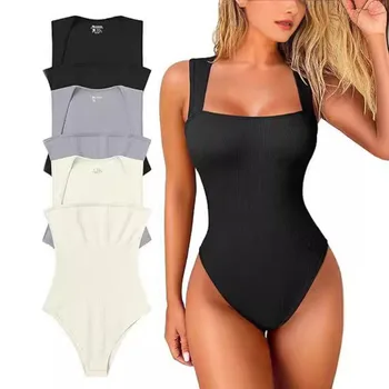 Women Ribbed Square Neck Bodysuit Hot Sale Sleeveless Seamless Tank Top Bodycon Shapewear  Control Casual Streetwear Y2k Clothes 1