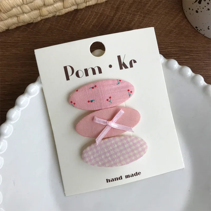 3pcs Cute Oval Fabric Plaid Floral Hairpin Children's Fashion Versatile Side Bangs Broken Hair Clip Hair Accessories