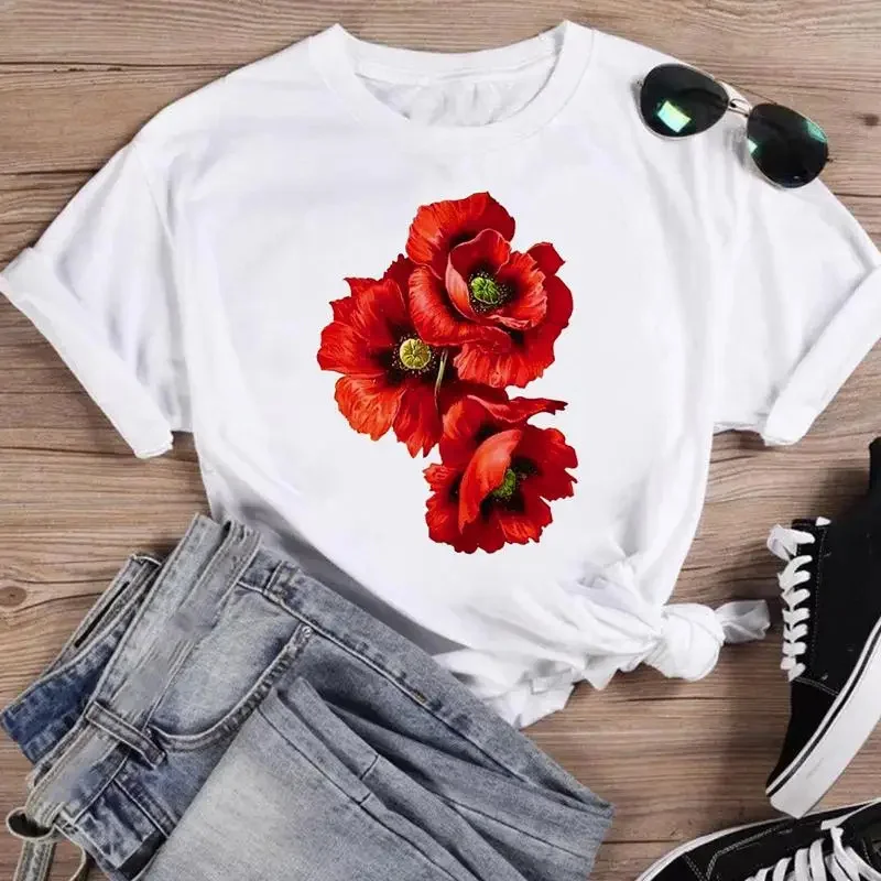 Camiseta de manga corta con estampado de flores para mujer, playera con estampado de acuarela, playera con estampado de dibujos animados, ropa para mujer 2024