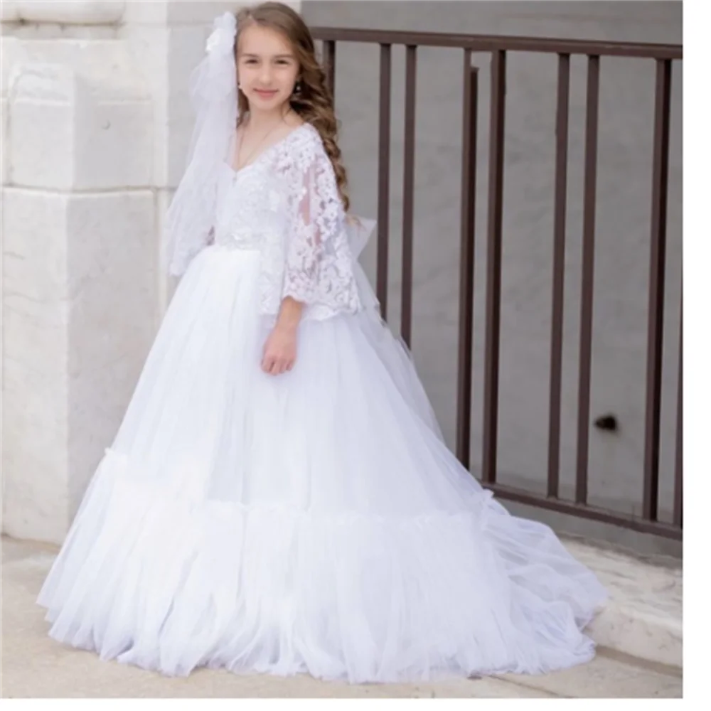 

Flower Girls Dress Stitch Beads Applique Lace Fluffy Bow Performance Birthday Costume Bridesmaid Party Princess Kids Dresses