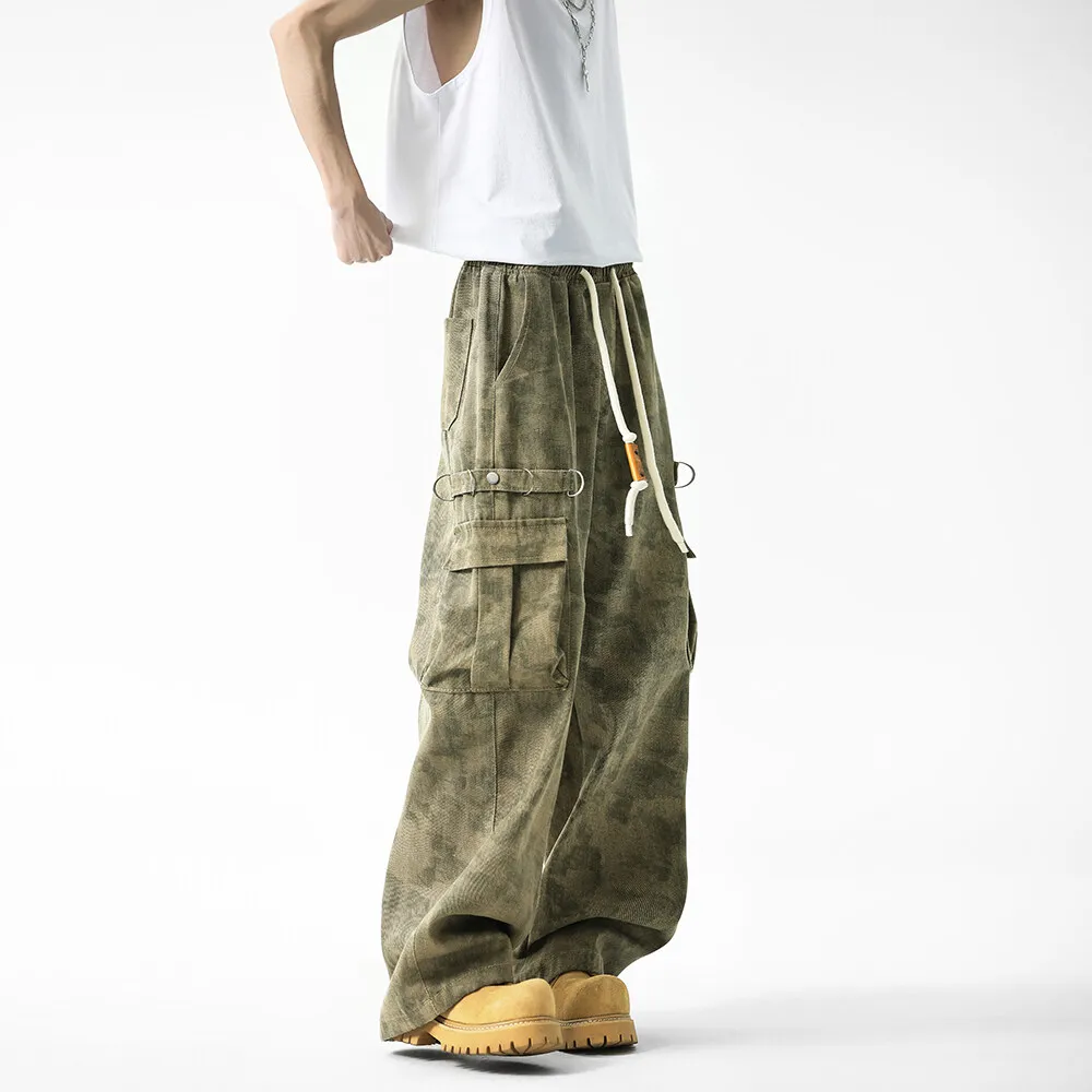 Pantaloni cargo da lavoro mimetici militari da uomo Cintura elastica con coulisse Pantaloni da jogging tattici Gamba dritta ampia Tasche laterali grandi da esterno - immagine 3