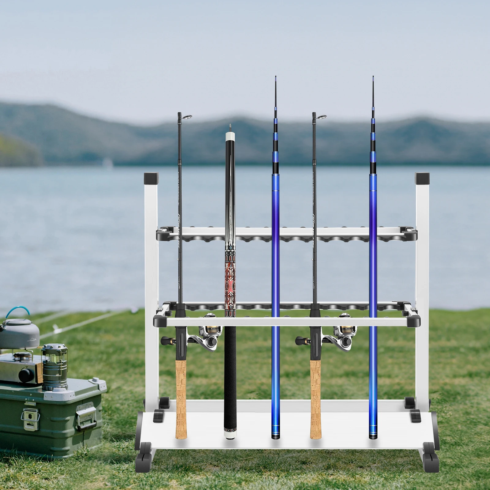 Rangement cannes à pêche rack 24 porte-cannes aluminium portable support rapide accessoires pêche organisateur