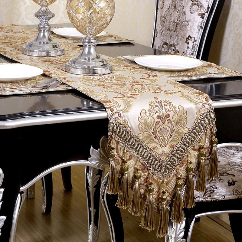 

European Luxury Table Runner Jacquard Damask Floral Embroidered Table Runners Coffee Table Decor Tassels TV Cabinet Cover Cloth