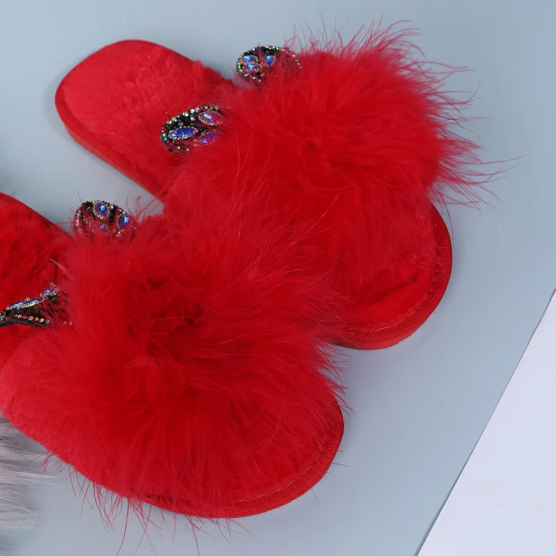 Women's Shoes 2025 Open Toe Women's Slippers Colourful Furry Casual Slippers Women Square Toe Feather Female Flat Sandals