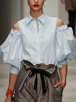Modigirl New Fashion Women Tuxedo Blouse Shirts 2025 Summer Soild Color Cold Shoulder Office Party Leisure Black Tops for Women - Image 3