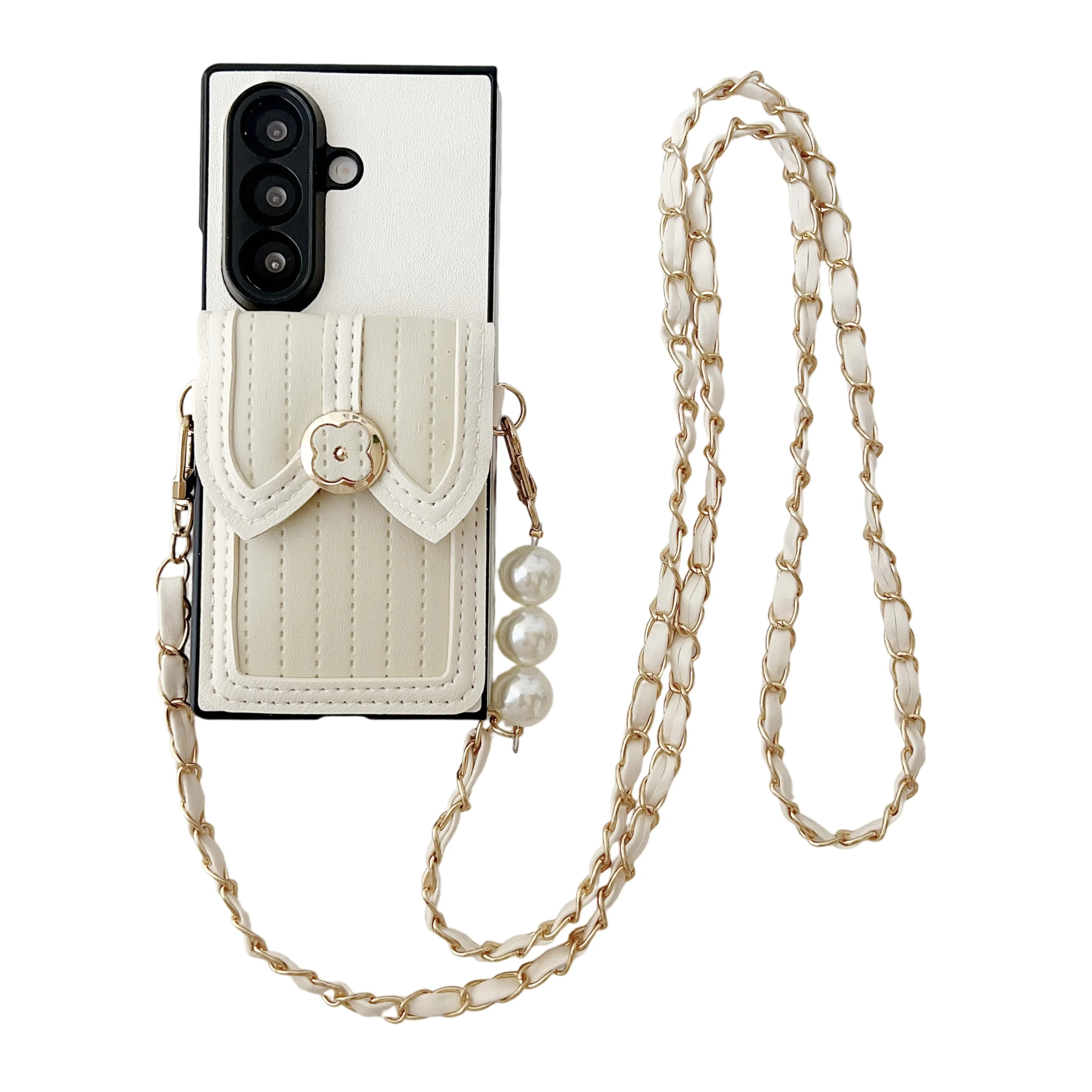 Luxury Pearl Rope Crossbody Leather Card Holder Case – High-End Protective Shell