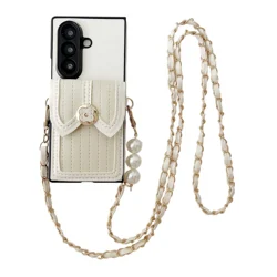 Luxury Pearl Rope Crossbody Leather Card Holder Case - High - End Protective Shell - Galaxy Z Flip5 (Ivory)